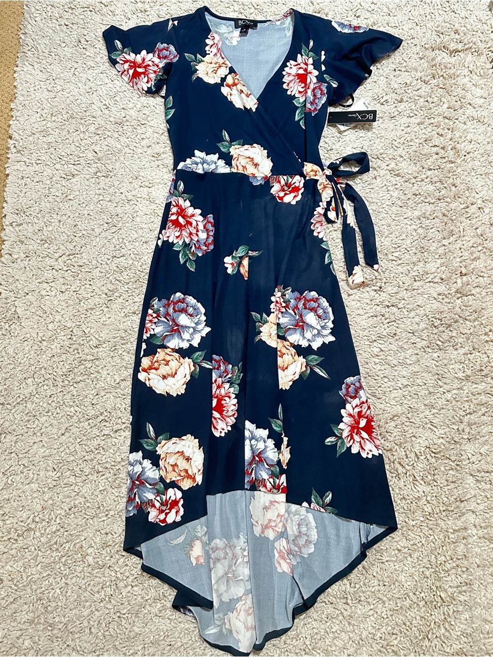 NWT Navy Floral Wrap Dress with Cream and Red Blooms